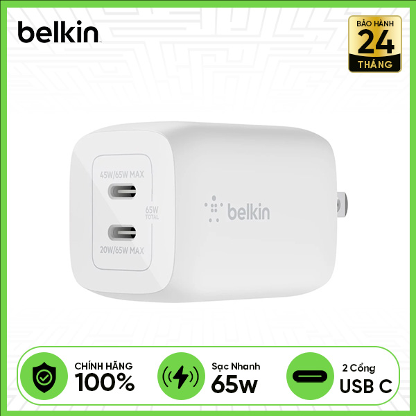 Củ Sạc Nhanh BELKIN 2 Cổng USB-C 65W PD 3.0 PPS GaN White (WCH013)