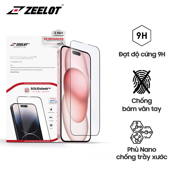 Miếng Dán Cường Lực Chống Vân Tay Solidsleek Zeelot cho iPhone 15 Series