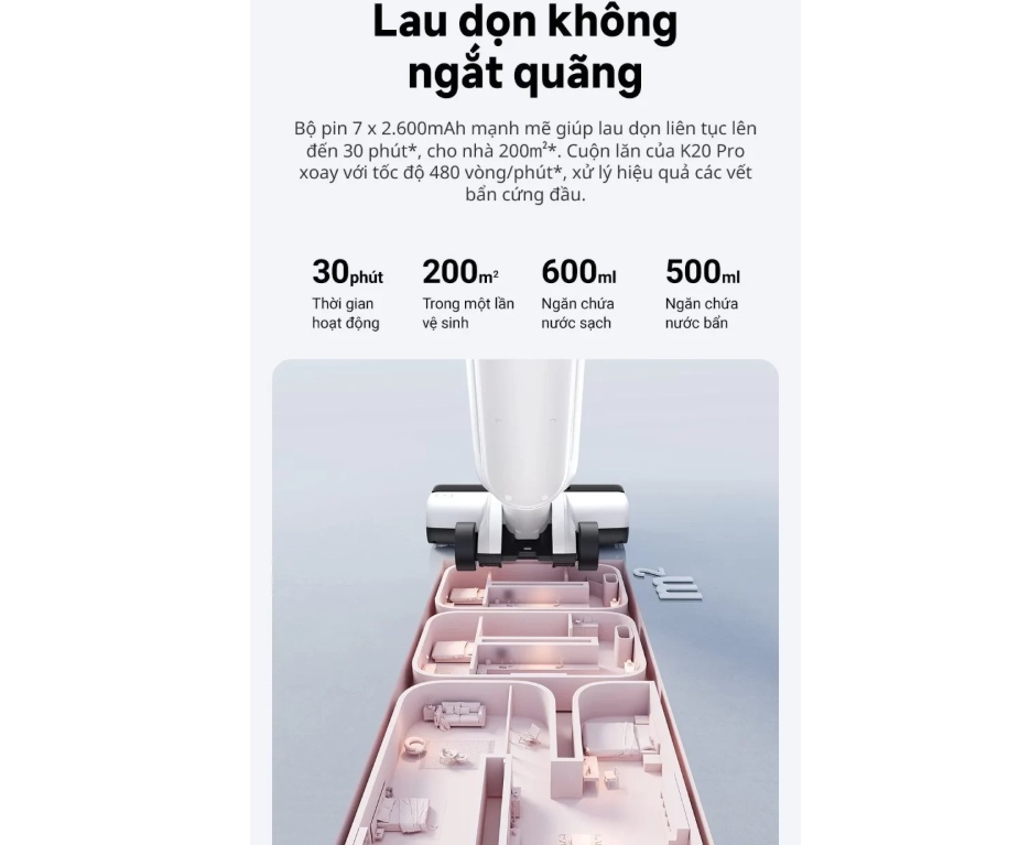 Thời lượng pin bền bỉ, làm sạch không gián đoạn