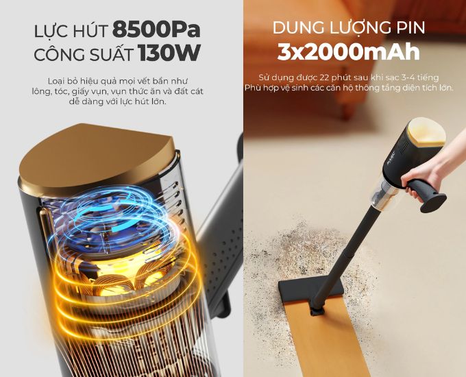 Lực hút mạnh mẽ lên đến 8500Pa