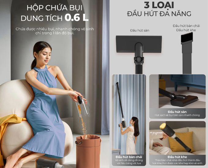 Hộp chứa bụi 0.6 lít và bộ đầu hút đa năng