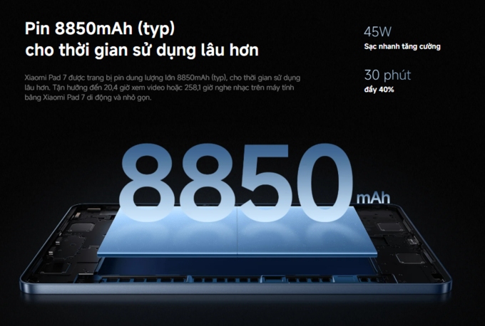 Pin lớn 8850mAh và sạc nhanh 45W thỏa sức dùng cả ngày