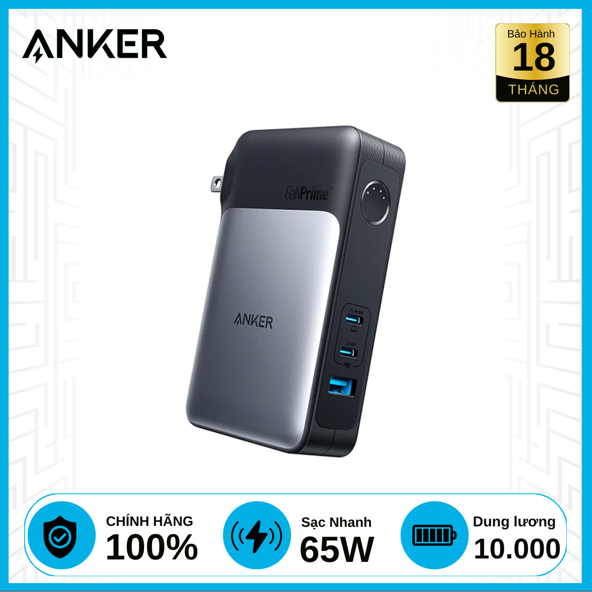 Pin Sạc Dự Phòng Anker 733 Ganprime 10000mAh 65W 2C1A A1651 chính hãng