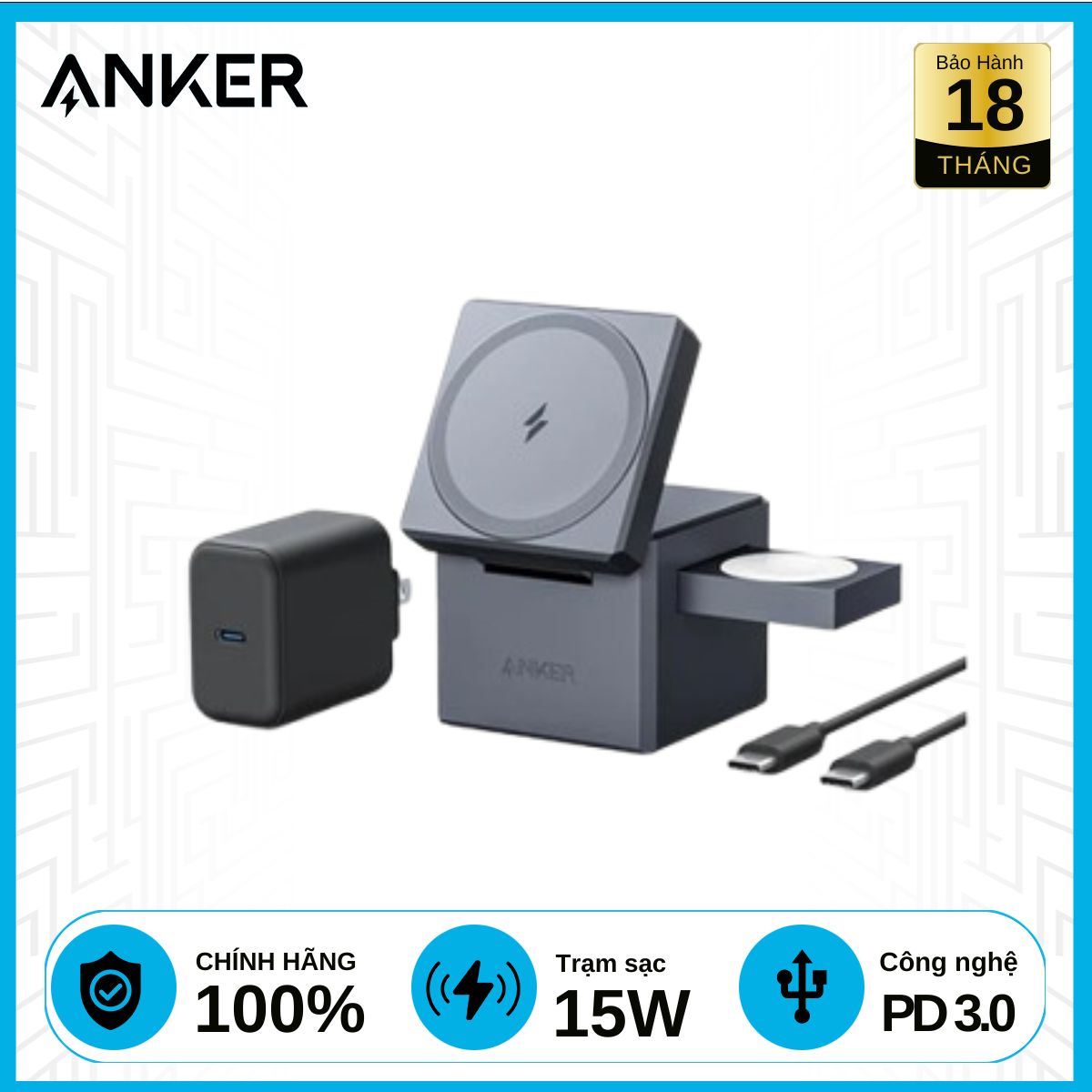 Đế sạc Anker không dây Cube Magsafe 3 in 1 15W 737 Y1811 Chính Hãng