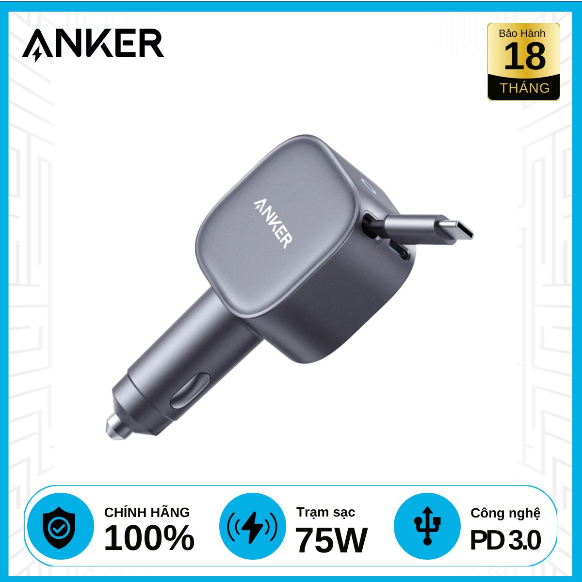Sạc Ô tô Anker nano 75W tích hợp cáp USB-C A2738 Chính Hãng