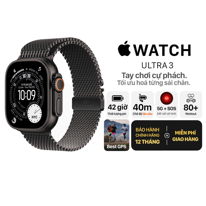 Apple Watch Ultra 3 49mm GPS + Cellular Viền Titanium Đen - Dây Thép Chính Hãng Apple Việt Nam