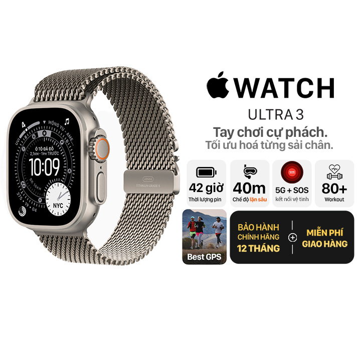 Apple Watch Ultra 3 49mm GPS + Cellular Viền Titanium Tự Nhiên - Dây Thép Chính Hãng Apple Việt Nam
