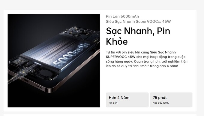 Pin lớn 5000mAh, sạc nhanh 45W
