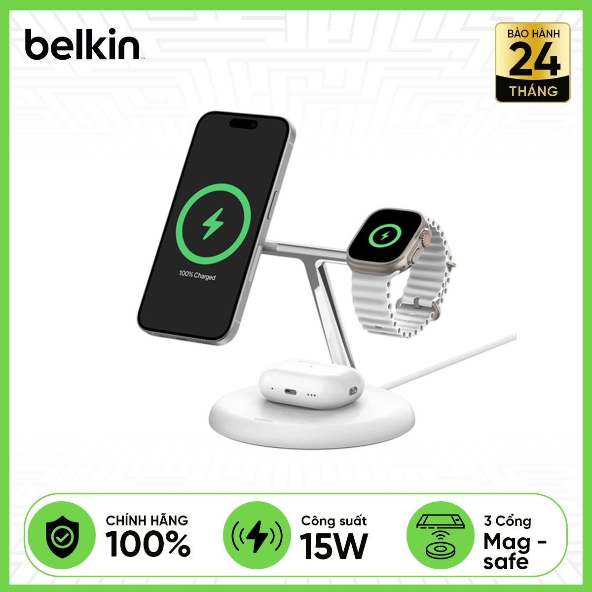 Đế Sạc Không Dây Belkin Magsafe 3 in 1 Boost Charge Pro 15W
