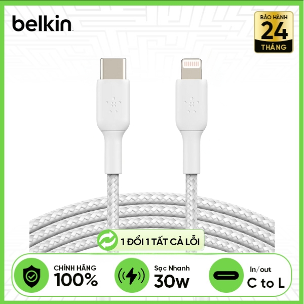 Cáp BELKIN Type-C To Lightning MFI 30W 1m Vỏ Dù (CAA004)